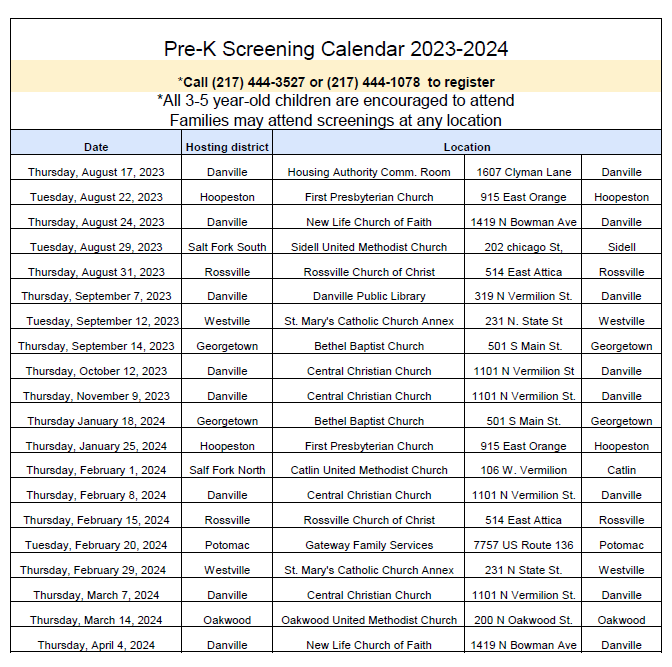  PreK Screening Calendar